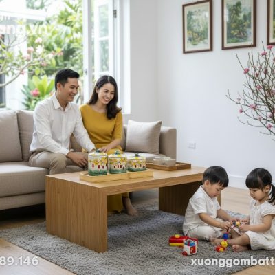 Bộ 3 hũ gốm sứ đón Tết đặt trên bàn trà gỗ tự n...