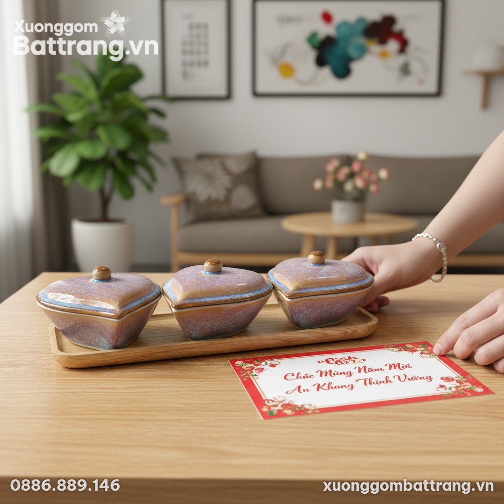 Cận cảnh bộ 3 hũ mứt trái tim men hỏa biến XG-K...