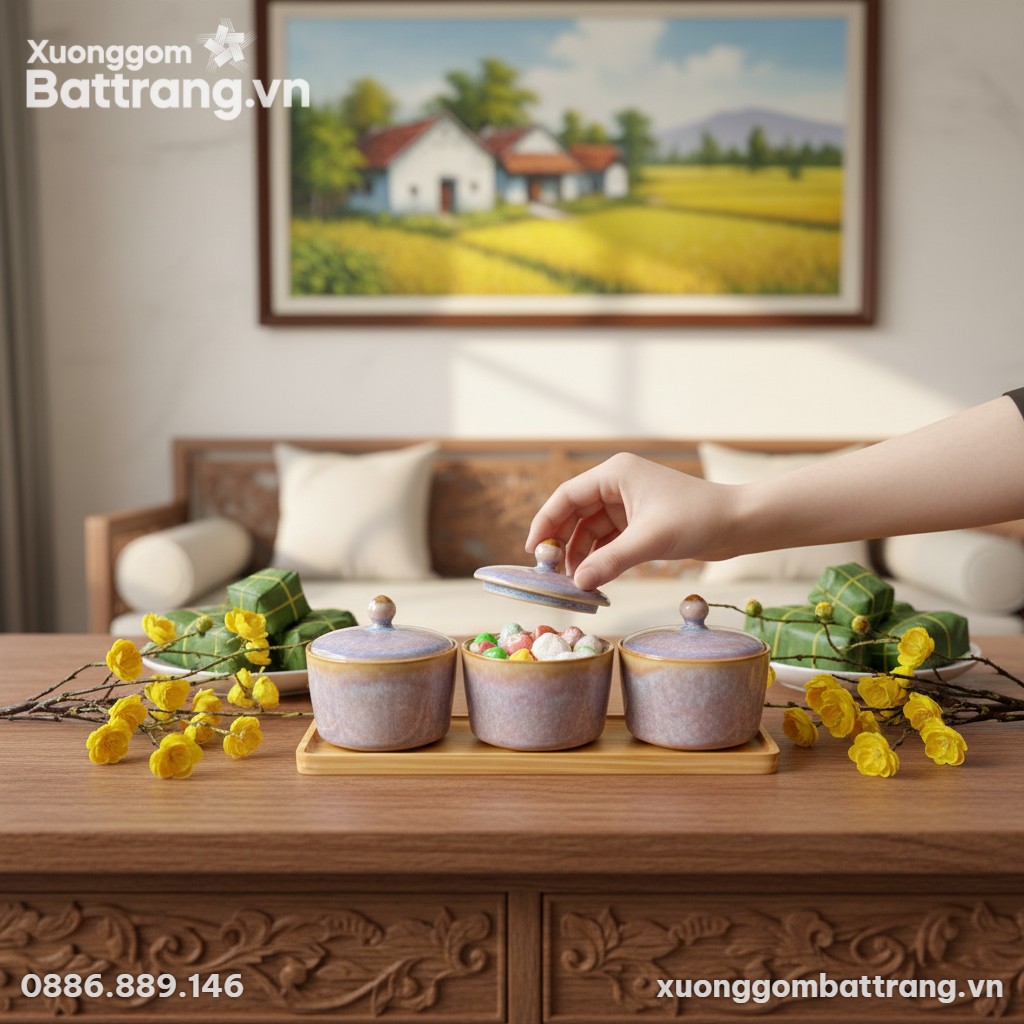 Một bộ 3 hũ mứt men hỏa biến sang trọng đặt ở v...