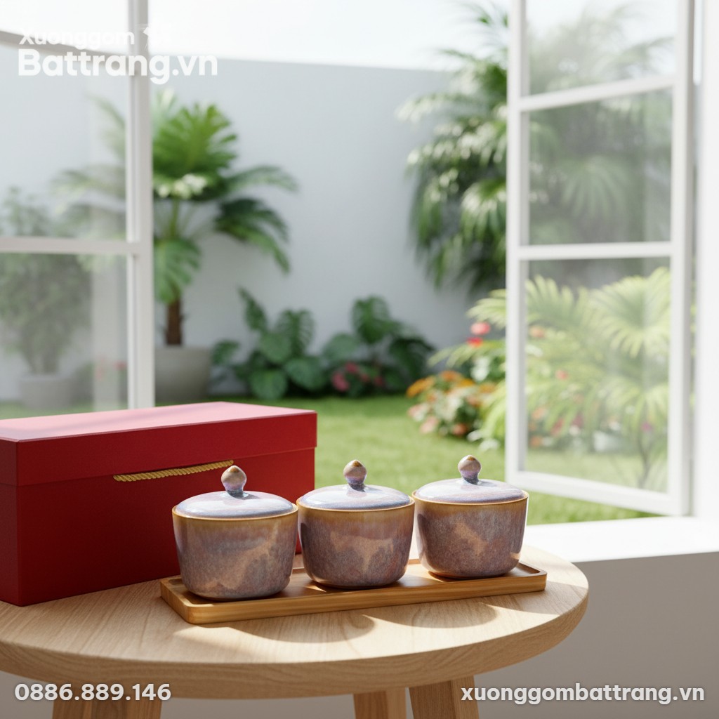 Cận cảnh bộ 3 hũ mứt men hỏa biến với khay gỗ t...