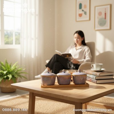 Bộ 3 hũ mứt men hỏa biến cùng khay gỗ tự nhiên ...