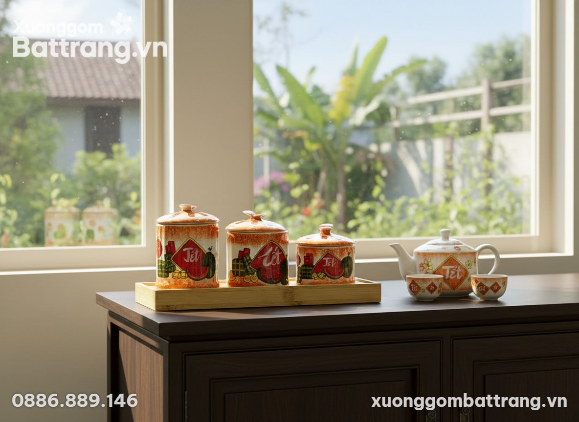 Bộ 3 hũ mứt kẹo gốm sứ Tết đặt duyên dáng trên ...
