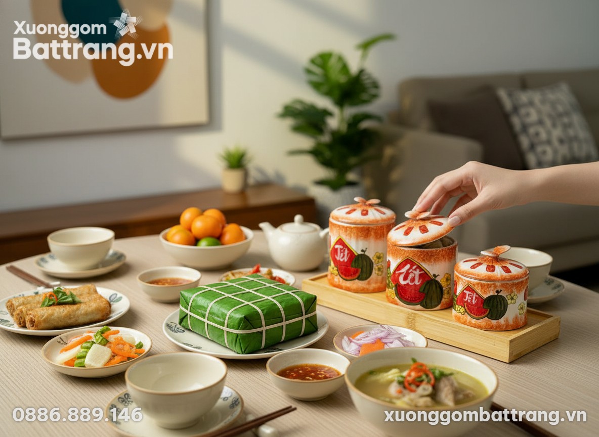 Góc nhìn từ trên xuống một bàn ăn Tết ấm cúng t...