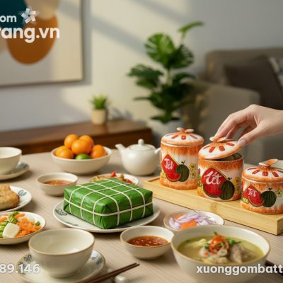 Góc nhìn từ trên xuống một bàn ăn Tết ấm cúng t...