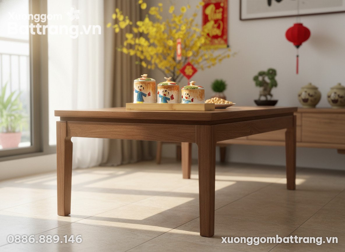 Bộ 3 hũ mứt gốm sứ đặt trên bàn trà gỗ trong ph...