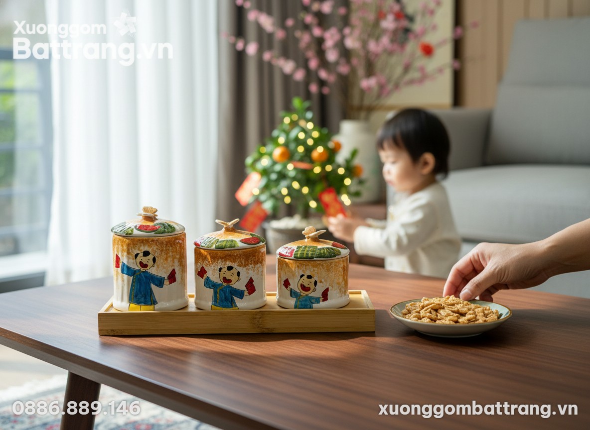Bộ 3 hũ mứt Tết gốm sứ đặt gọn gàng trên chiếc ...