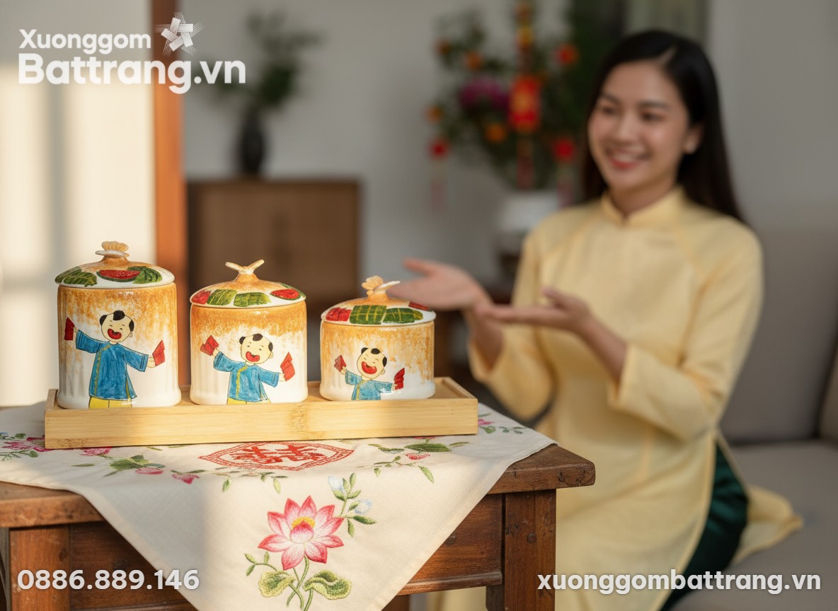 Góc cận cảnh bộ 3 hũ mứt gốm sứ tinh xảo trên k...