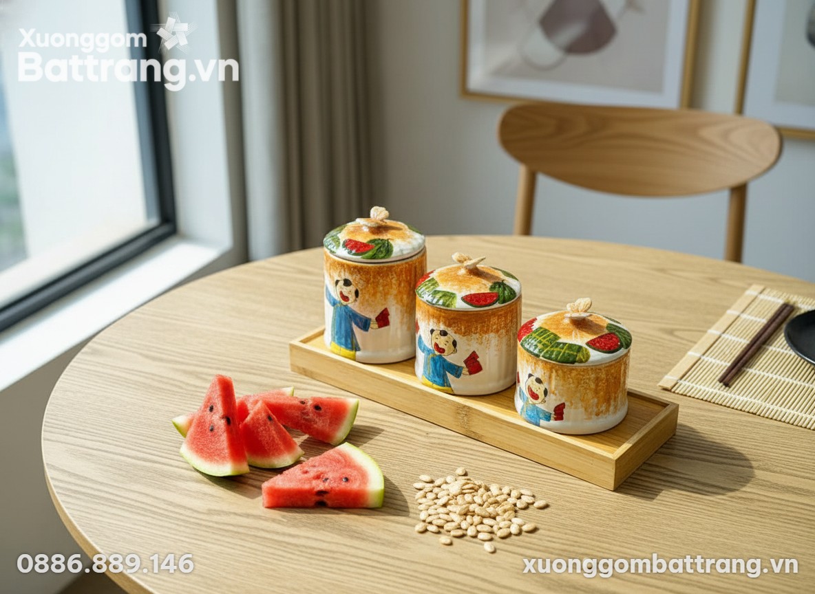 Góc nhìn từ trên xuống, bộ 3 hũ mứt gốm sứ đặt ...