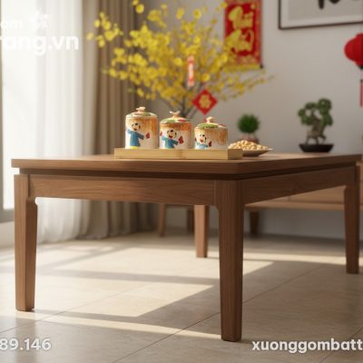 Bộ 3 hũ mứt gốm sứ đặt trên bàn trà gỗ trong ph...