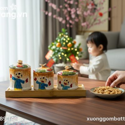Bộ 3 hũ mứt Tết gốm sứ đặt gọn gàng trên chiếc ...