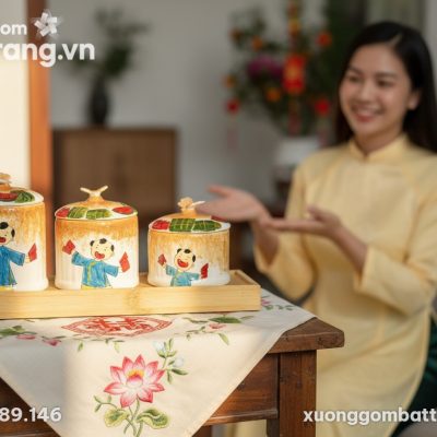 Góc cận cảnh bộ 3 hũ mứt gốm sứ tinh xảo trên k...