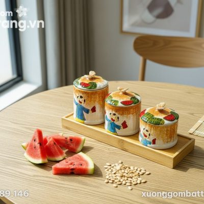 Góc nhìn từ trên xuống, bộ 3 hũ mứt gốm sứ đặt ...