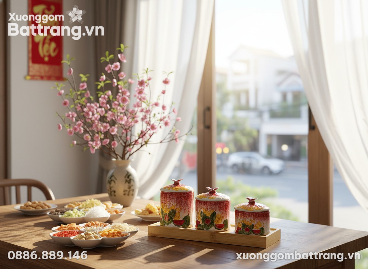 Bộ 3 hũ mứt Tết đặt trên khay gỗ trên một chiếc...