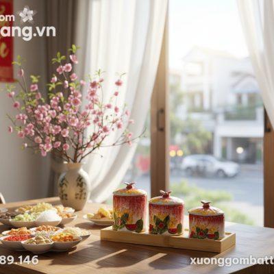 Bộ 3 hũ mứt Tết đặt trên khay gỗ trên một chiếc...