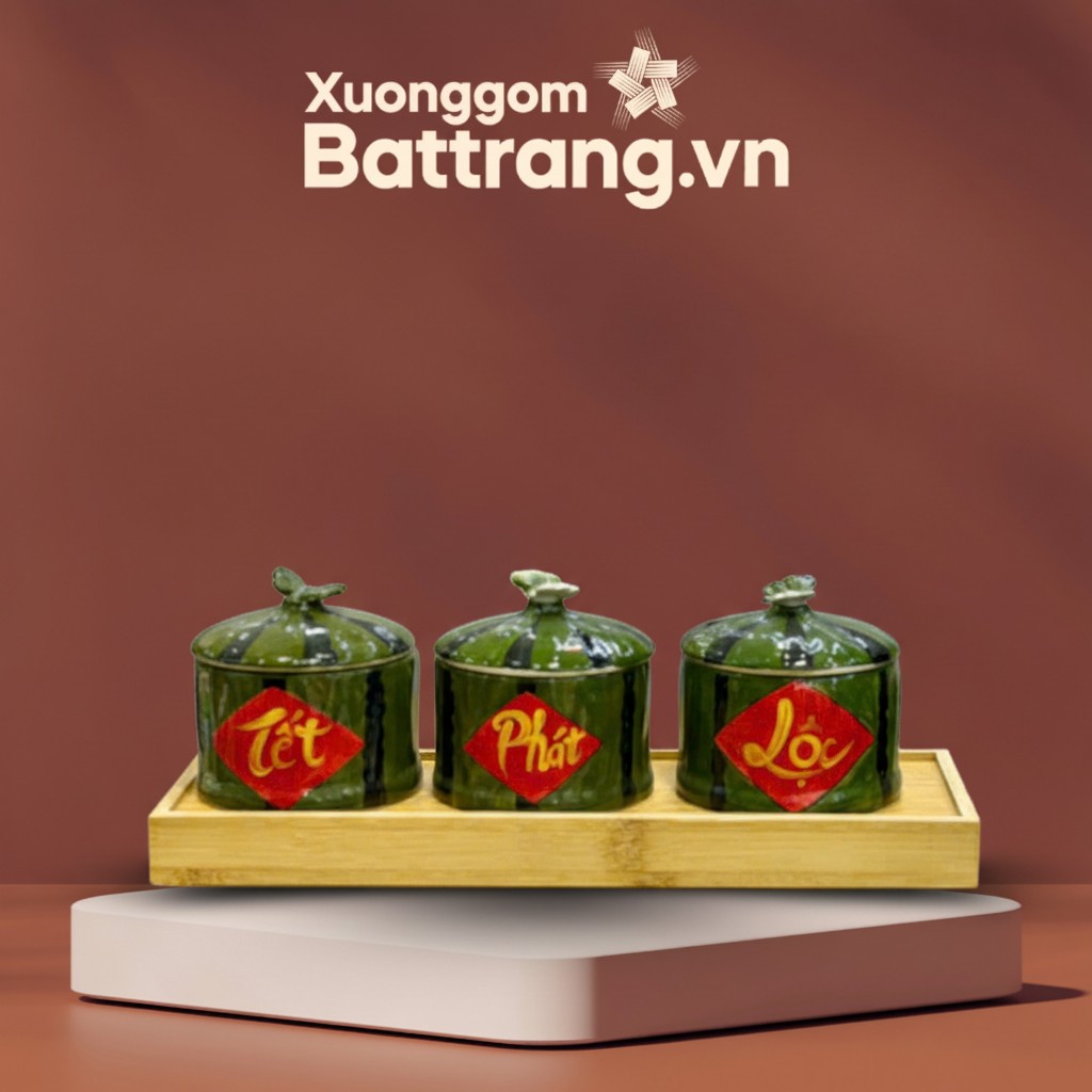Bộ 3 Hũ Đựng Mứt Tết Phát Lộc Vân Dưa Hấu Gốm Sứ Bát Tràng Kèm Khay Gỗ