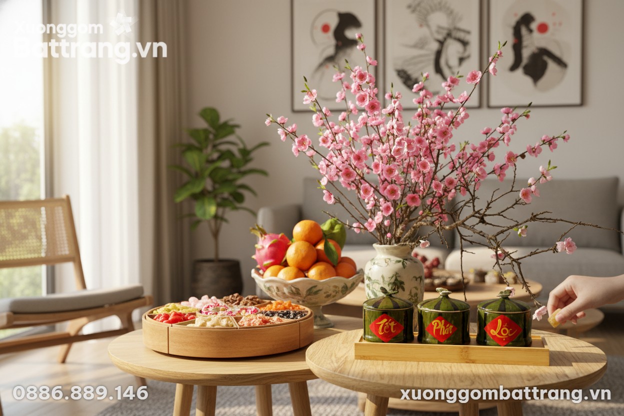 Bộ 3 hũ mứt Phát Lộc gốm Bát Tràng trên khay gỗ...