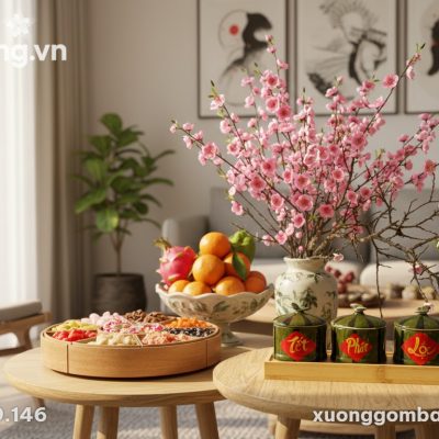 Bộ 3 hũ mứt Phát Lộc gốm Bát Tràng trên khay gỗ...