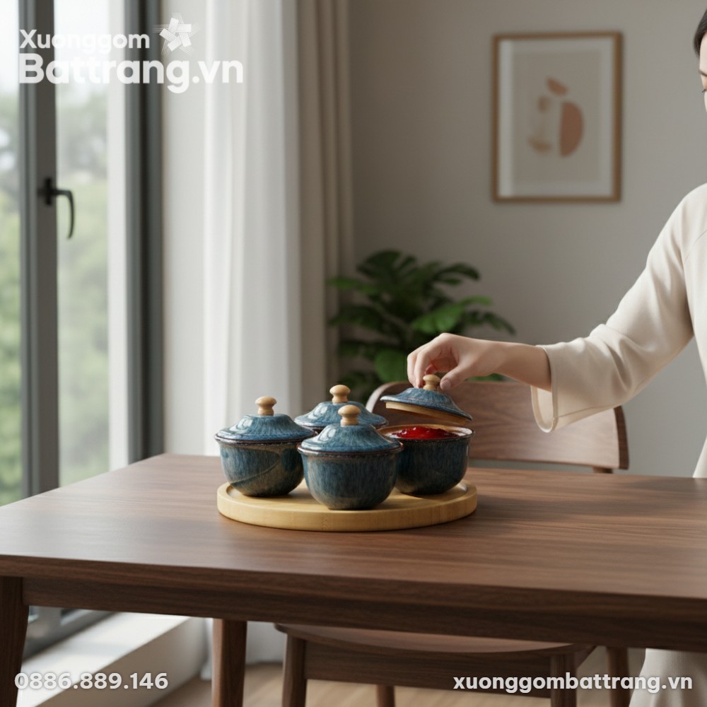 Cận cảnh bộ 5 hũ đựng mứt gốm sứ men hỏa biến t...