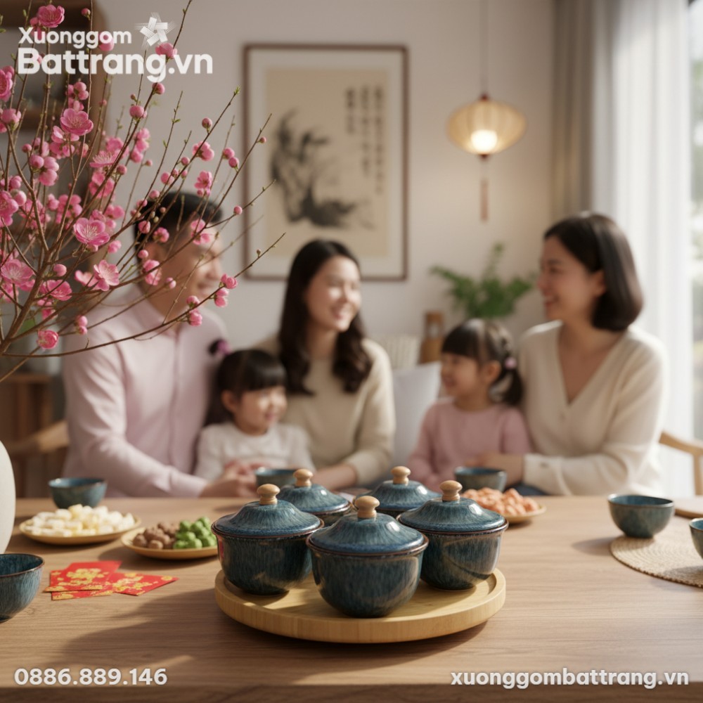 Bộ hũ mứt gốm Bát Tràng men hỏa biến trên khay ...