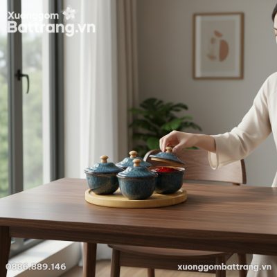 Cận cảnh bộ 5 hũ đựng mứt gốm sứ men hỏa biến t...