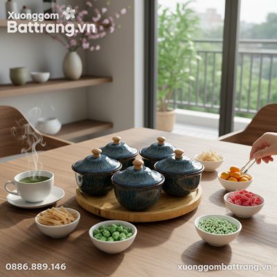 Góc nhìn từ trên cao xuống bộ 5 hũ đựng mứt men...