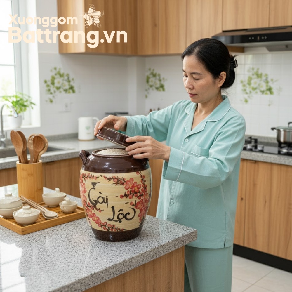 Hũ đựng gạo gốm sứ Bát Tràng