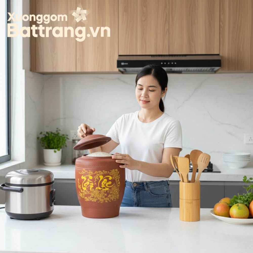 Hũ đựng gạo gốm sứ Bát Tràng