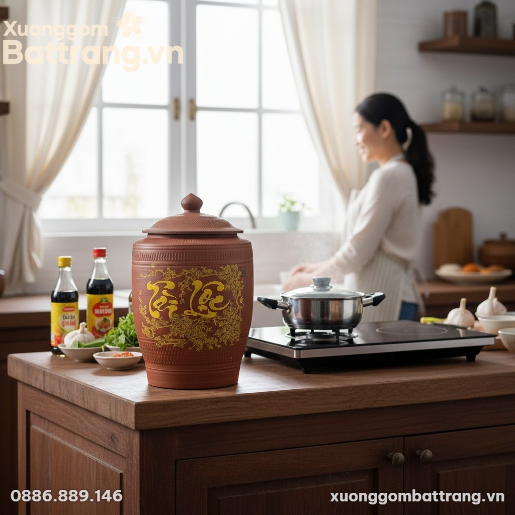 Chum gốm Tài Lộc Hoa Mai đặt trên sàn gỗ bóng l...