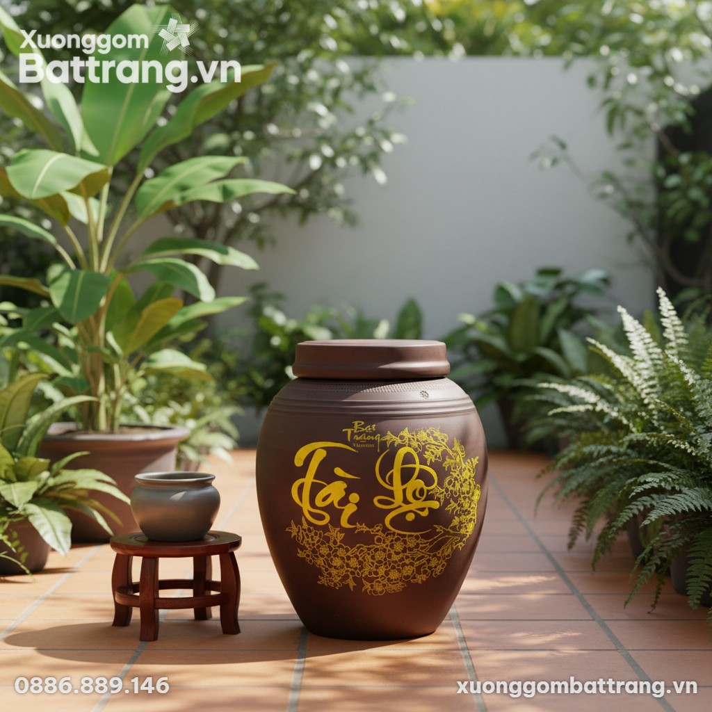 Chum ngâm rượu 20L sành mộc đặt trên nền gạch s...