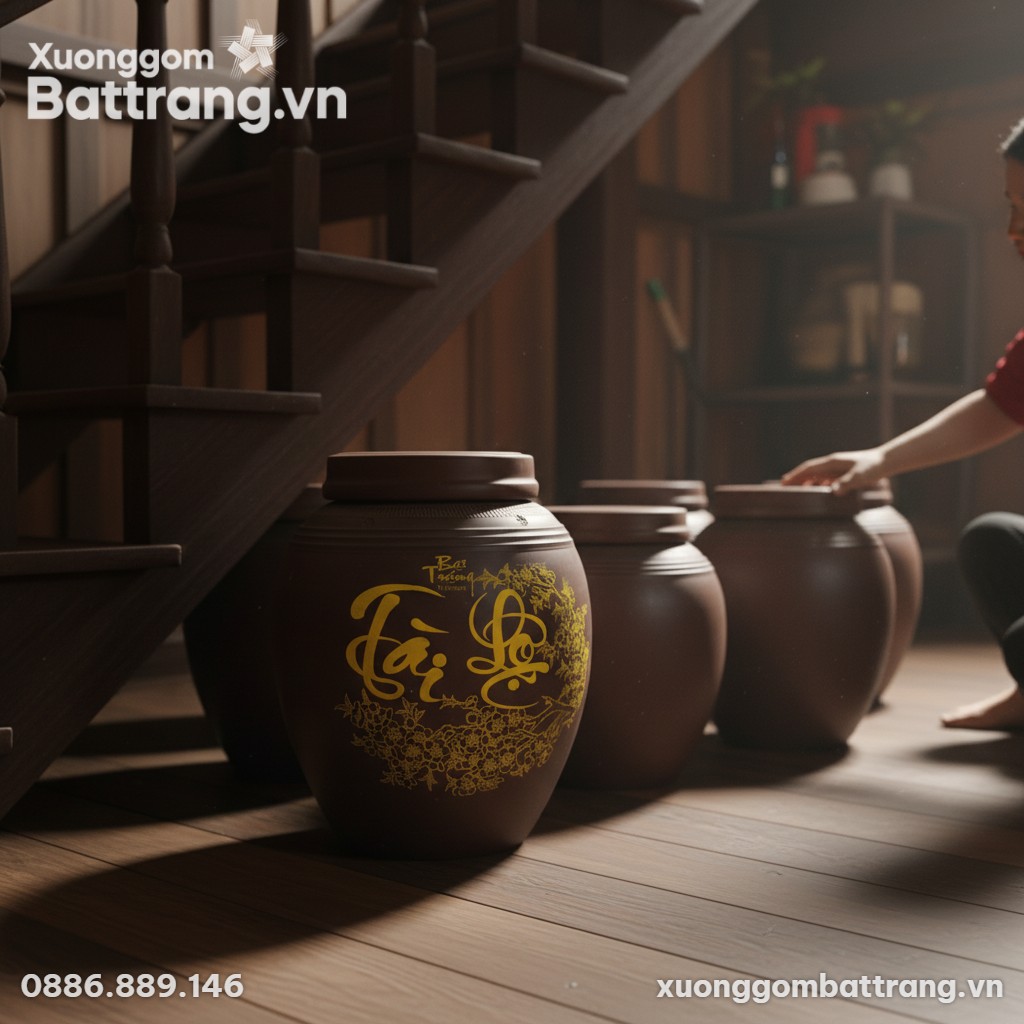 Chum ngâm rượu 20L đặt trên đôn gỗ thấp trong t...