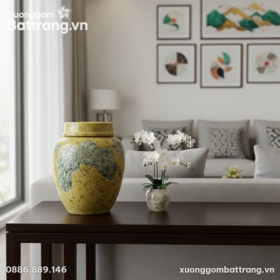 Bối cảnh phòng khách Việt hiện đại, chum rượu g...