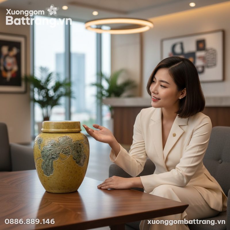 Cận cảnh chum rượu gốm men hoàng lục khắc lá sen vàng