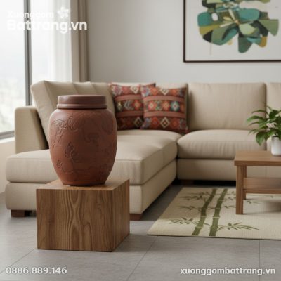 Chum Rượu Gốm Khắc Sen 20 Lít đặt trang trọng t...