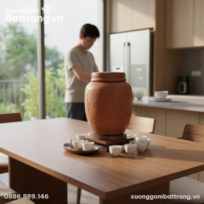 Chum Rượu Gốm Khắc Sen 20 Lít đặt trong không g...