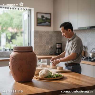 Chum Rượu Gốm Khắc Sen 20 Lít trên đảo bếp của ...