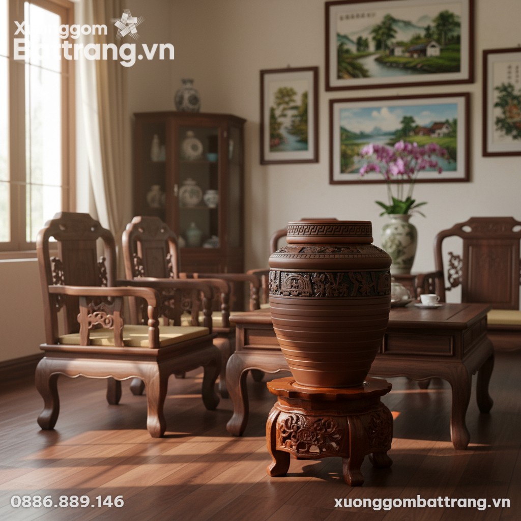 Chum rượu gốm Đông Sơn 30L đặt trang trọng trên...