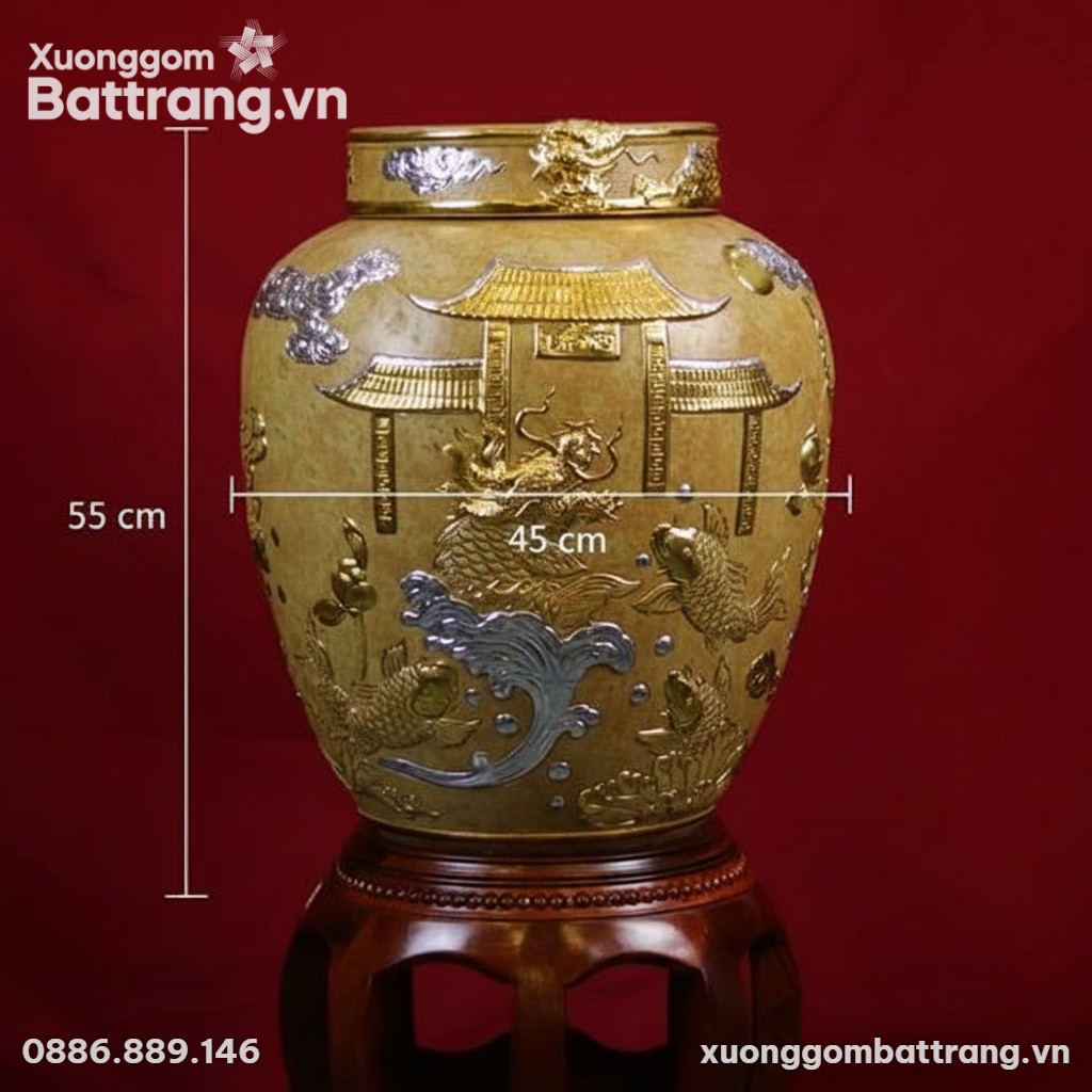 Kích thước Chum Rượu Kim Ngư Vượt Vũ Môn 50L Dát Vàng XG-CR06