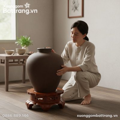 Chum sành 20L trơn không tráng men đặt trên đôn...