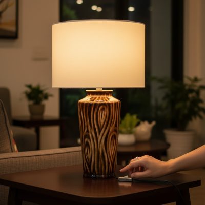 Cận cảnh đèn bàn gốm sứ Bát Tràng cao 60cm, tập...