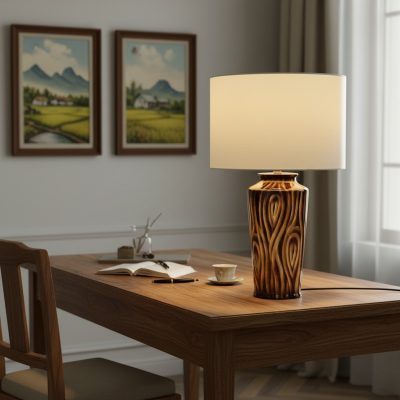 Đèn bàn gốm sứ Bát Tràng vân gỗ cao 60cm trên b...