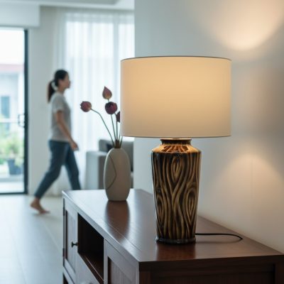 Đèn bàn gốm sứ Bát Tràng vân gỗ cao 60cm trên b...