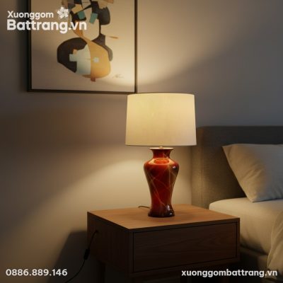 Đèn ngủ gốm sứ men cẩm thạch 64cm đặt trên bàn ...