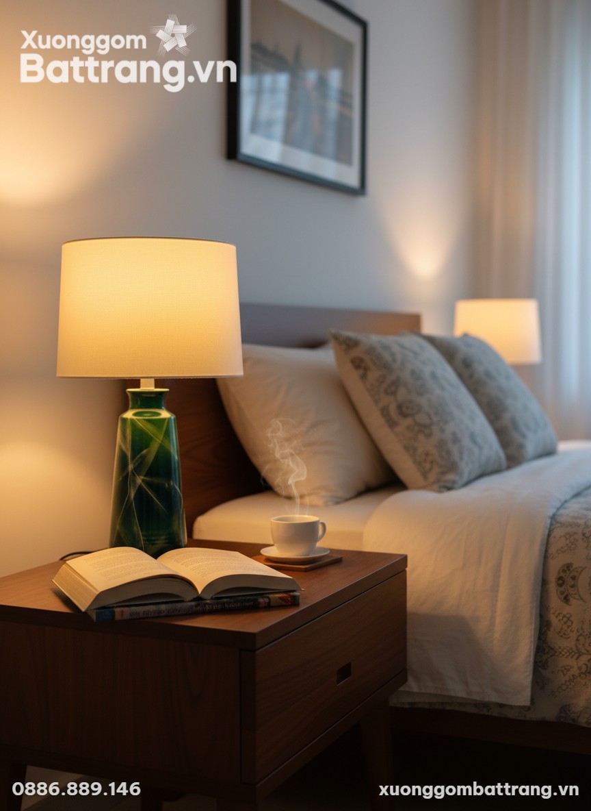 Đèn ngủ gốm sứ XG-DN01 trên bàn đầu giường tron...