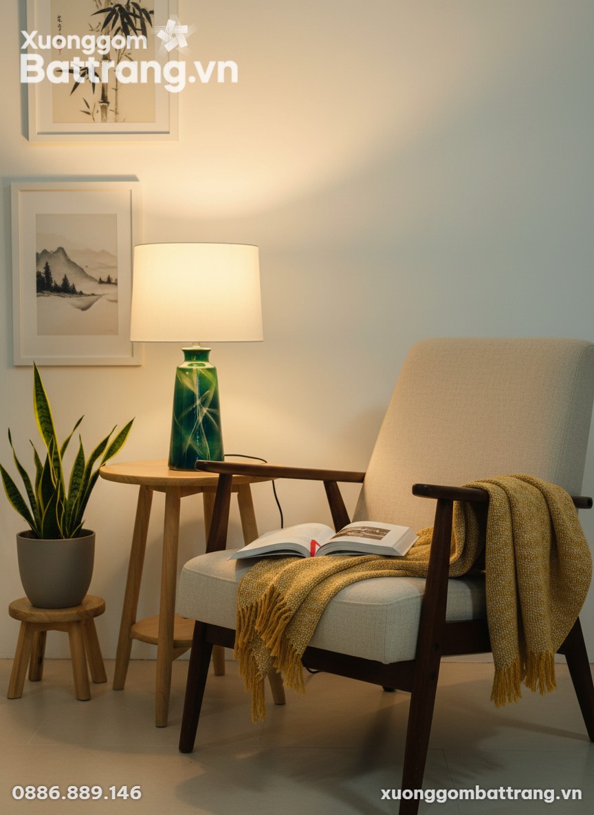 Đèn ngủ gốm sứ XG-DN01 trên bàn cạnh ghế bành t...