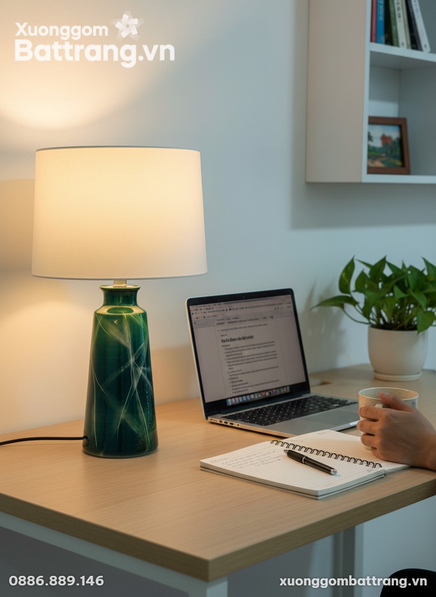 Đèn ngủ gốm sứ XG-DN01 trên bàn làm việc hiện đ...