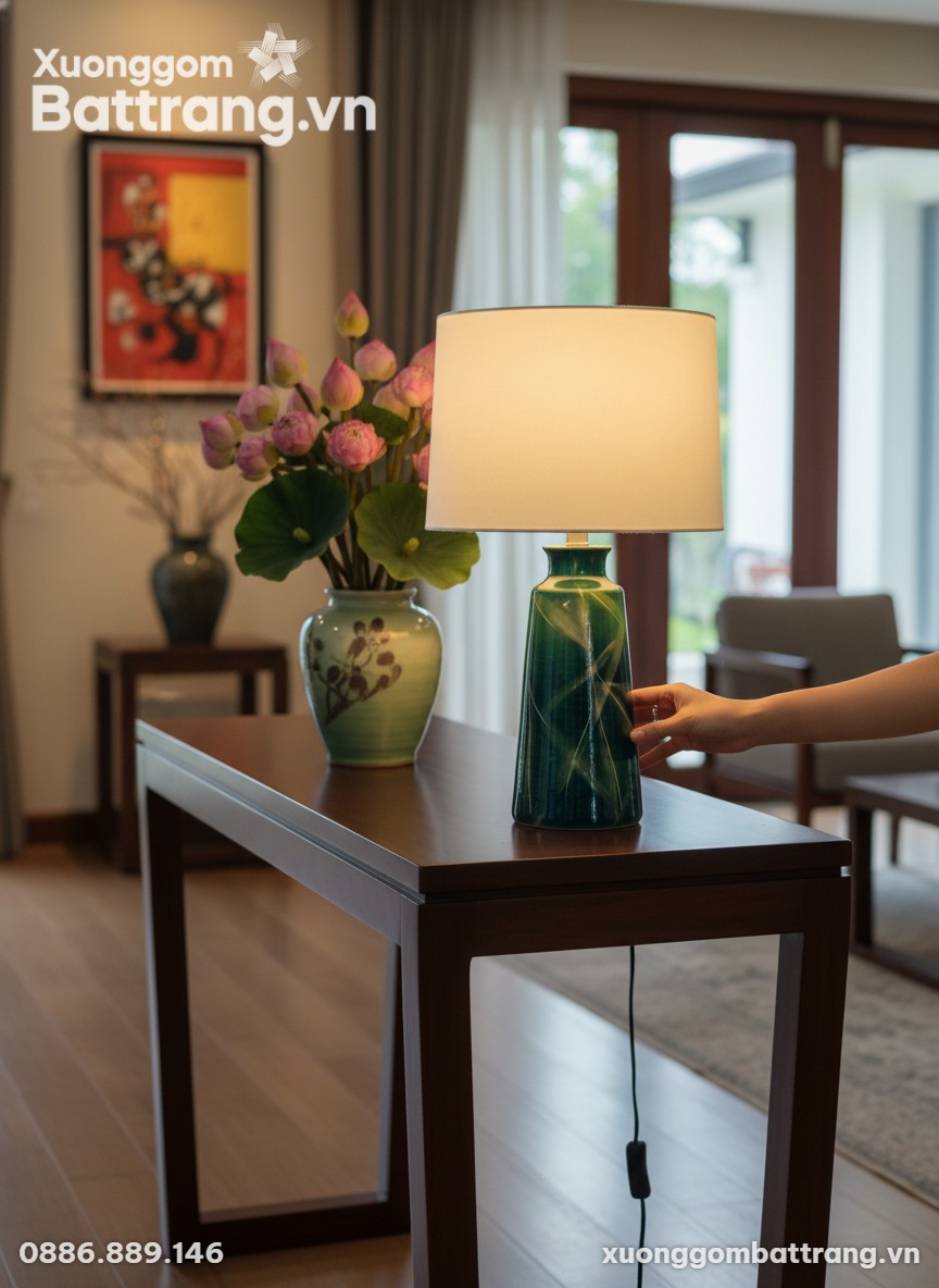 Đèn ngủ gốm sứ XG-DN01 nổi bật trên bàn console...