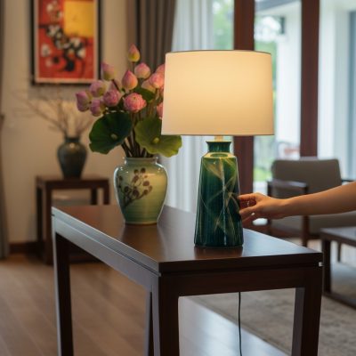 Đèn ngủ gốm sứ XG-DN01 nổi bật trên bàn console...