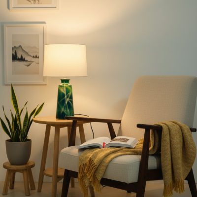 Đèn ngủ gốm sứ XG-DN01 trên bàn cạnh ghế bành t...