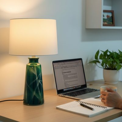 Đèn ngủ gốm sứ XG-DN01 trên bàn làm việc hiện đ...