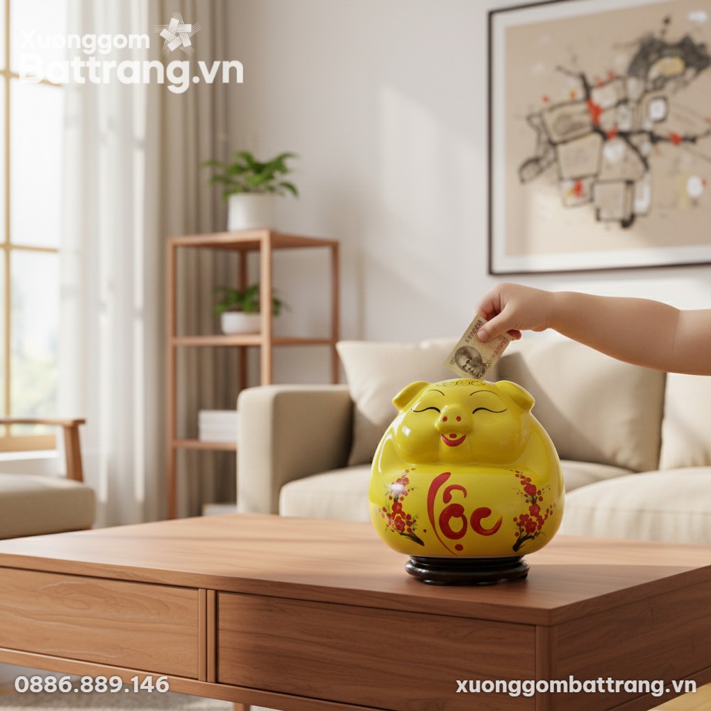 Heo đất men vàng 30cm đặt trên bàn gỗ thấp tron...